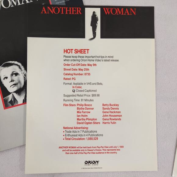 Another Woman (1988) 27x40 Poster Promo Pac w/Mia Farrow, Orion Home Video LN - Picture 16 of 16